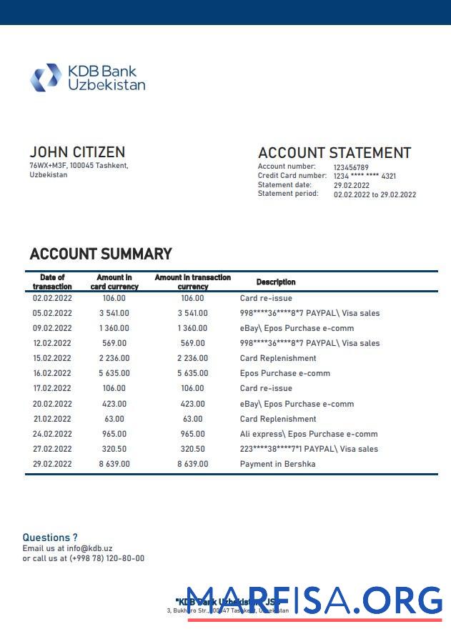Downloadable Uzbekistan KDB bank statement word real example